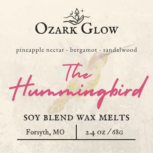 Ozark Glow The Hummingbird soy blend wax melts with tropical fruit and floral notes. 2.4 oz.