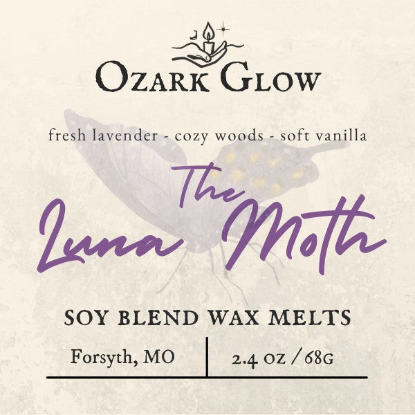 Ozark Glow The Luna Moth soy blend wax melts with lavender, vanilla, and wood notes. 2.4 oz.